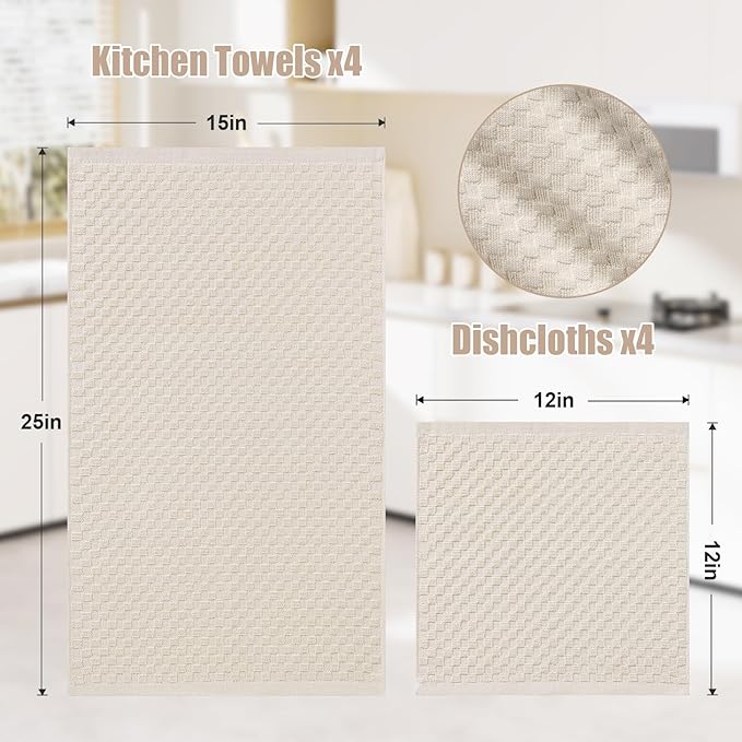 Homaxy 100% Cotton Kitchen Towels and Dishcloths Set, 12 x 12 & 15 x 25 Inches, Set of 8 Bulk Terry Cloth Dish Towels, Super Soft and Absorbent Hand Towel with Hanging Loop, Beige