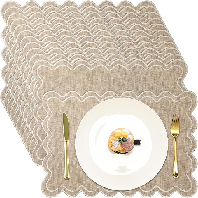 Linen Placemats Set of 12 Scalloped Placemat 13 X19 Wavy Embroidery Double Layered Washable Farmhouse Dinner Fabric Table Mat Napkin for Wedding Party Christmas Hotel Restaurant(Linen Color)