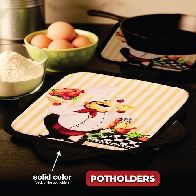 Lobyn Value Packs - Charming 5 Piece Kitchen Towel Set: Chubby Uniformed Chef Design, Includes 2 Decorative Dish Towels (25 X15) 1 Oven Mitt (11 X 7) and 2 Potholders (6.5 X 6.5)