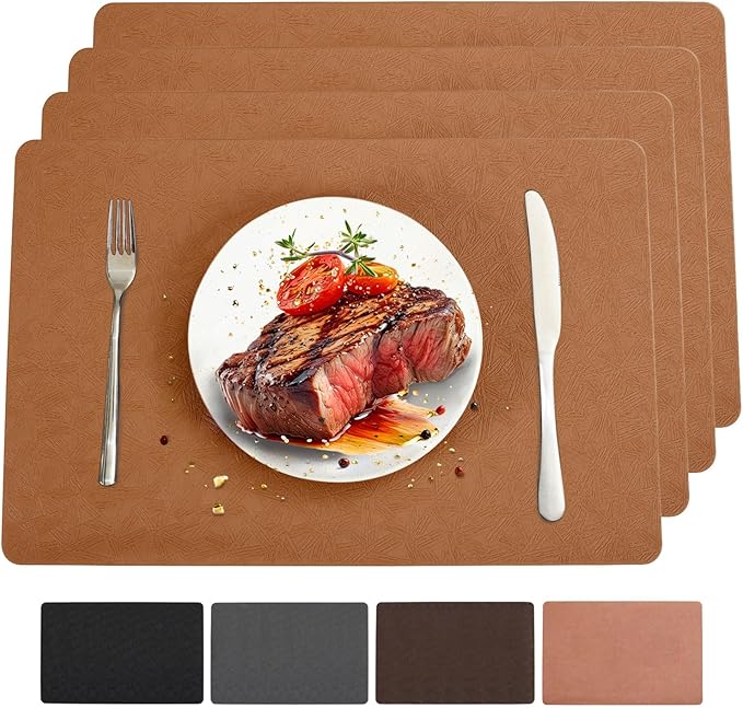 Vinyl Placemats Set of 4 Heat Resistant Easy Clean Non-Slip Place Mats for Dining Table Faux Leather Waterproof Stain Resistant Wipeable Washable PVC Table Mats(4, Light Brown)