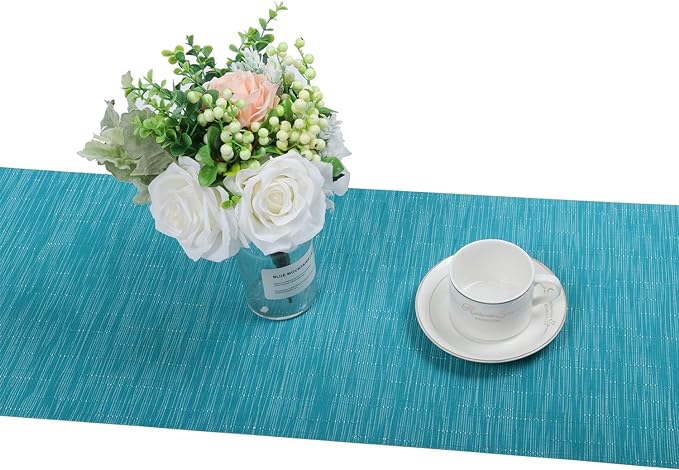 SHACOS Woven Vinyl Table Runner Indoor Outdoor 12x54 inch Kitchen Dining Table Runners Wipe Clean Washable PVC Table Runner, Teal Blue