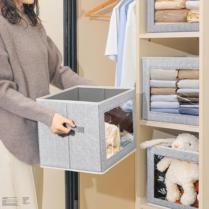 Homsorout Fabric Storage Bins with Lids, Large Storage Cubes with Window, Fabric Storage Baskets Bins for shelves, Closet Storage Boxes for Clothes, Towel, Office, 4 Packs, Blended