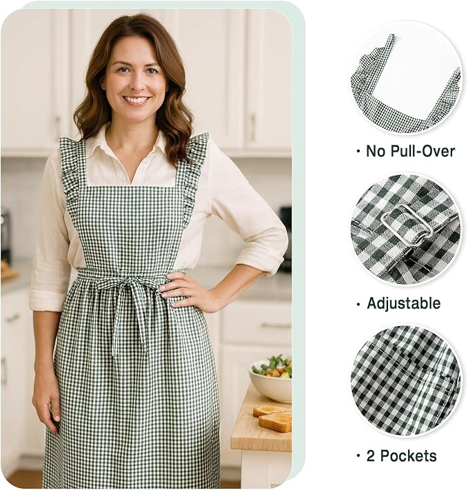 Vintage Gingham Apron for Women, Ruffle Straps, 2 Pockets, Soft Cotton, Apron Dress Style for Cooking & Baking