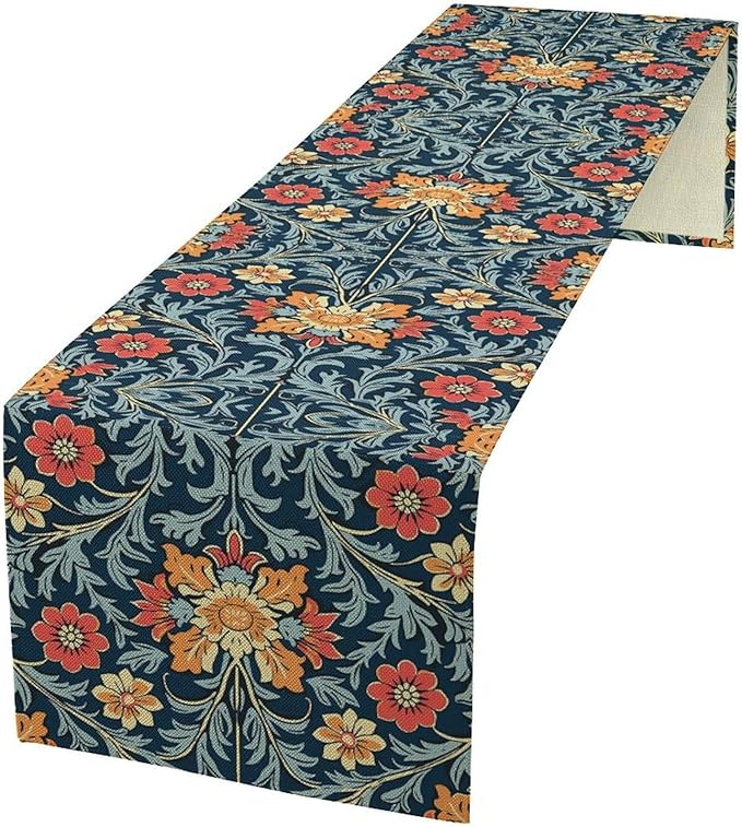 William Morris Table Runner Rural Farmhouse Vintage Flower Art Printed Dinner Runner for Home Kitchen Dining Table Decor Fabric 1 Panel W13xL60in