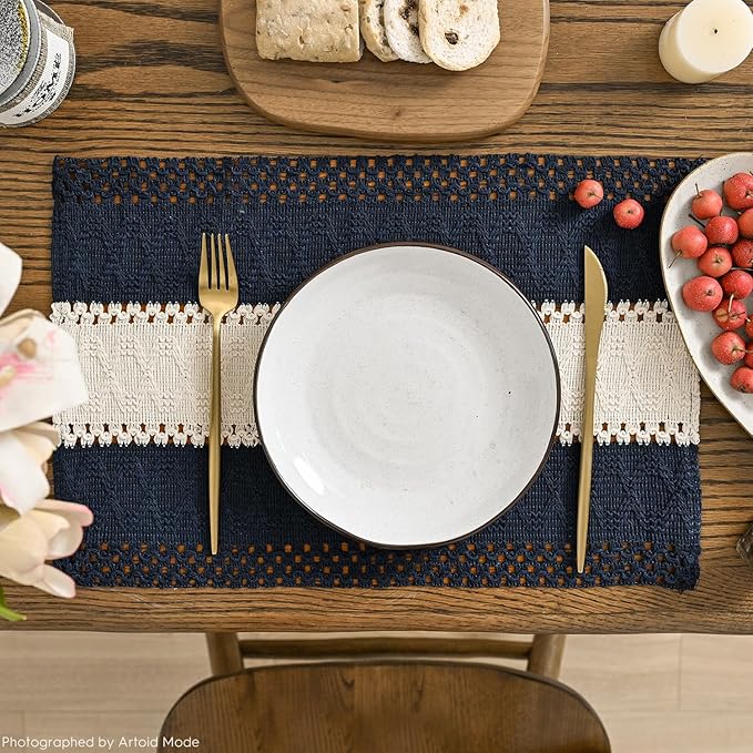 Artoid Mode Dark Blue Farmhouse Rustic Placemats Set of 4,12x18 Inch Seasonal Hollow Table Mats Party Kitchen Dining Decoration