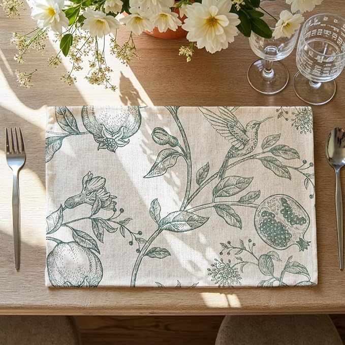 JINCHAN Linen Floral Placemats Set of Cloth Table Mats Rustic Cottagecore Botanical Outdoor Seasonal for Kitchen Dining Decor Heat Resistant Non-Slip Washable Tablemats 13x19 Inch Dark Green