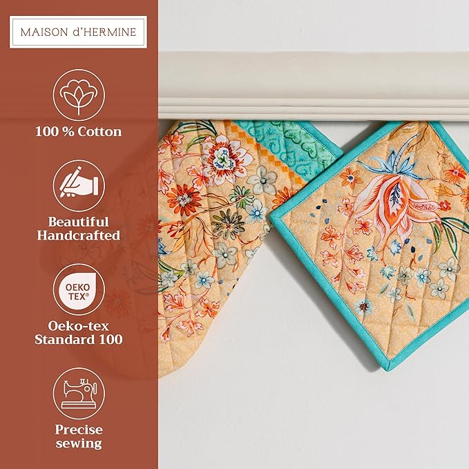 Maison d' Hermine 100% Cotton Oven Mitt & Pot Holder Set (7.5"x13" & 8"x8") Heat Resistant BBQ Cooking Gloves with Loop Grilling Kitchen Gifts for Mothers Day Spring/Summer (Luxury Loft - Peach)