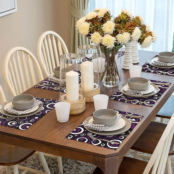 Purple Black Geometric Circles Linen Placemats 12 x 18 Inch Set of 4, Washable Heat Resistant Purple Table Mats for Dining Table Kitchen Party Wedding Outdoor, Modern Home Decor & Gift for Art Lovers