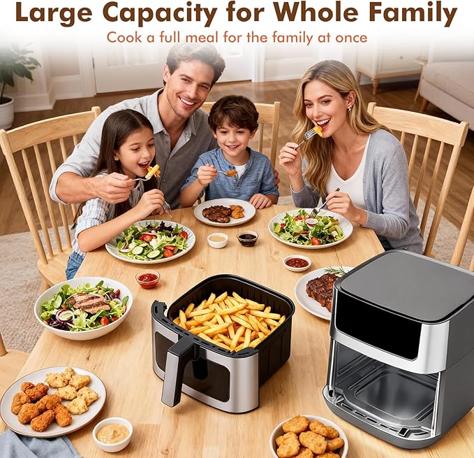 OLIXIS 6.34QT Air Fryer with Window, 8 Food Presets with 400°F Max Heat, 90-Min Timer, Nonstick Dishwasher-Safe Basket for Air Fry, Roast, Reheat, Bake, Stainless Steel, Grey