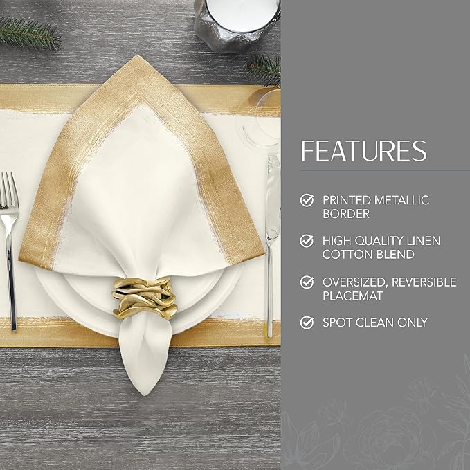 Villeroy & Boch Metallic Brushstroke Modern Linen Blend Placemat Set, 14 Inches x 20 Inches, Set of 4, Ivory and Gold