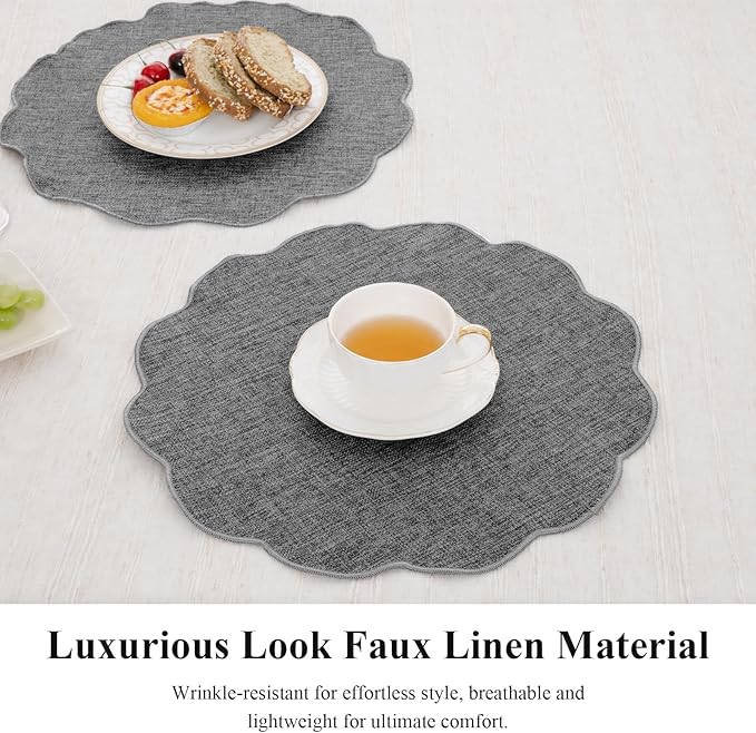 SHACOS Scalloped Round Placemats Set of 6 Polyester Linen Blend 15 inch Washable Non Slip Place Mats Easy Clean Heat Resistant Table Mats for Kitchen Dining Table Decor, Grey