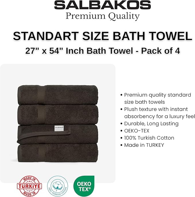 SALBAKOS 100% Turkish Cotton Bath Towel Set of 4, 27x54 inch | Premium Quality | Hotel & Spa Collection | Soft, Super Absorbent, Long Lasting Bath Towels | Made in Turkey (Chocolate, 4 Bath Towels)