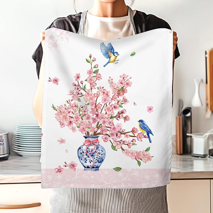 Pink Flower Blossom Tea Towels 100% Cotton Quick Dry Kitchen Towels, 18.9 x 27.5'' Absorbent Dish Cloth for Kitchen Home Decor, Housewarming, Birthday Gifts for Mom, Set of 4