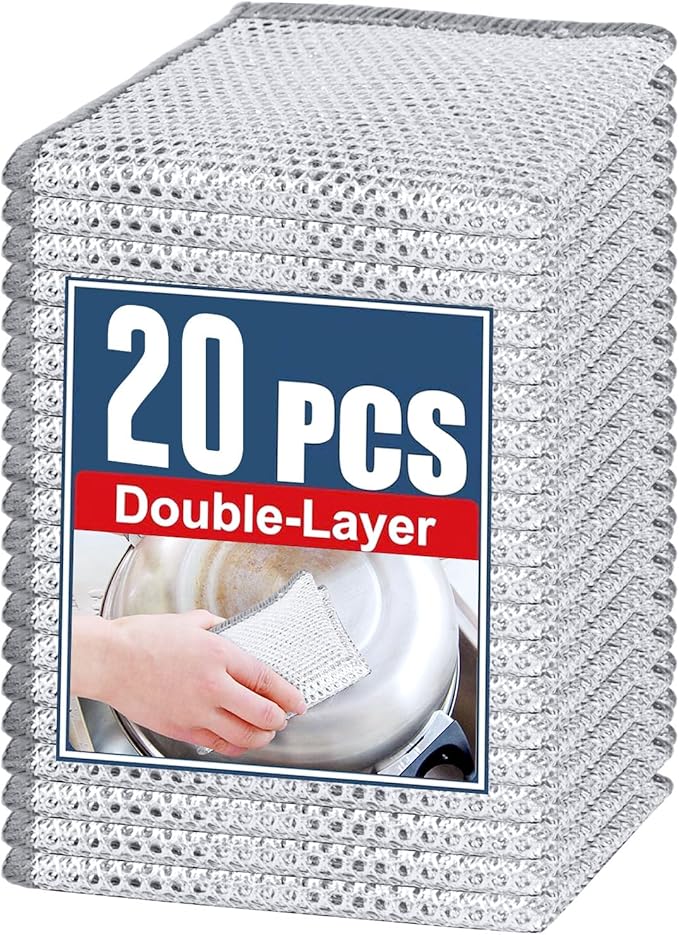 Double Layer Steel Wire Dishcloth, 20 Pcs Double-Layer Steel Wire Cleaning Cloth,Powerful Cleaning Non-Scratch Wire Dishcloth Rag for Cookware, Sinks, Dishes, Stove Tops (7.87''x7.87'') New Upgrade