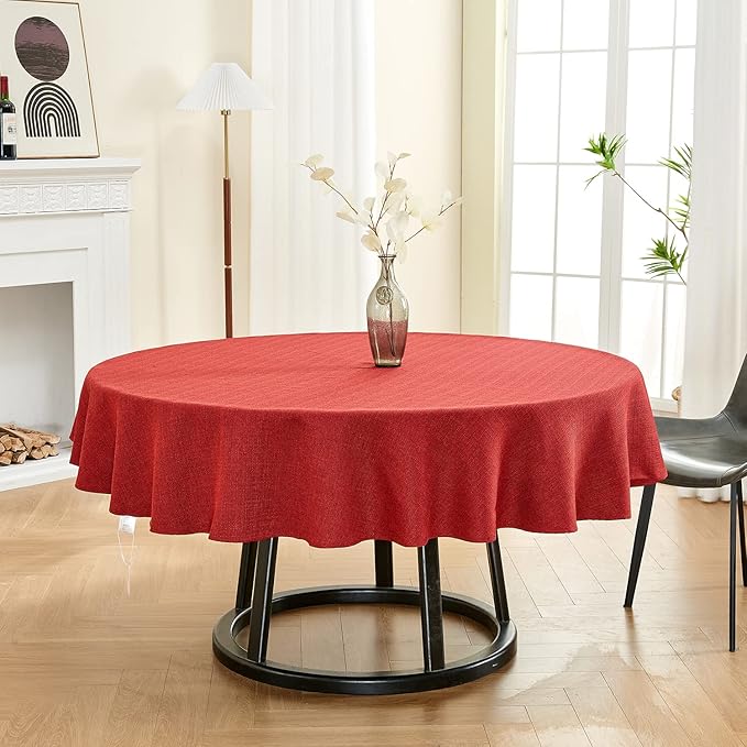 BALCONY & FALCON Round Tablecloth Washable Wrinkle Resistant and Water Proof Table Cloth Decorative Linen Fabric Tablecloths for Valentines Day Dining Kitchen Wedding Outdoor Use(Buby Red, 107" Round)