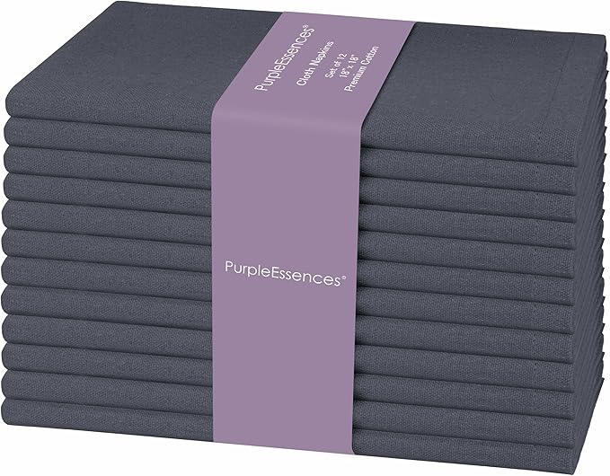 PurpleEssences Set of 12 Cloth Dinner Napkins 100% Cotton 18x18 Inch - Soft Durable Washable - Ideal for Farmhouse Party Spring Easter Summer - Perfect Everyday Use Table Linen - Dark Gray
