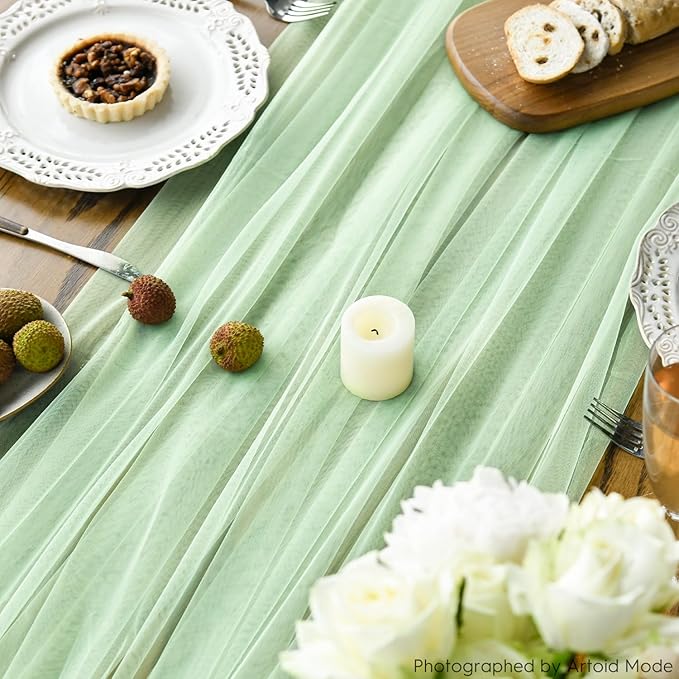 Artoid Mode Light Green Gauze Table Runner 120 Inch 10FT, Seasonal Sheer Kitchen Dining Holiday Wedding Birthday Baby Shower Table Decor for Home Party