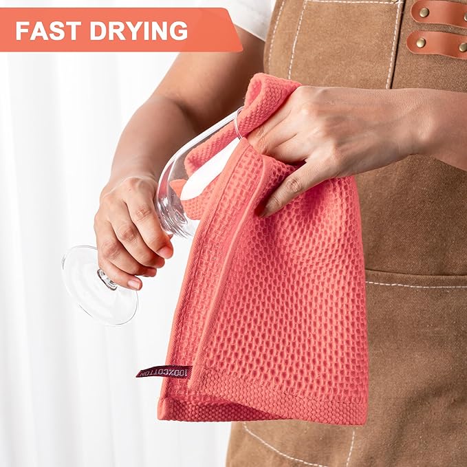 BOOMIBOO 6-Pack Kitchen Dish Cloths, 100% Cotton Waffle Weave, Ultra Soft Absorbent, Quick Drying Dish Towels, 12x12 Inches,Coral