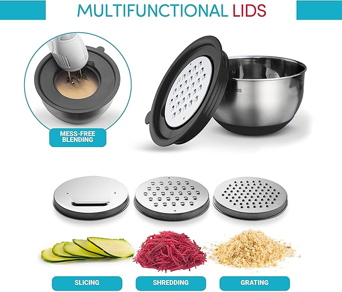 Belwares Mixing Bowls with Lids Set of 5 - Stainless Steel Mixing Bowl Set, Kitchen Nesting Metal Bowls with Non Slip Bottoms + 3 Grater Attachments, Airtight Lids, Food Prep + Storage, Matte Black