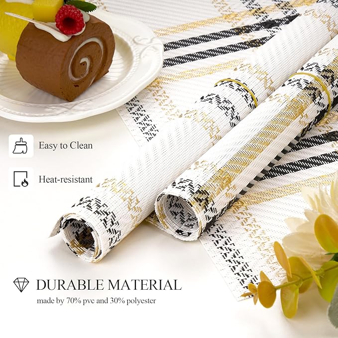 Placemats, Place Mats Set of 6 Washable Wipeable Vinyl Placemats for Kitchen Dining Table Wedding Accent Indoor/Outdoor Durable PVC Table Mats Non Slip (White)