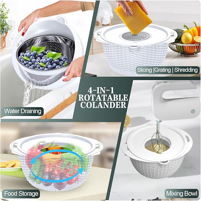 4-1 Colander with Bowl Set - Rotatable Colander for Kitchen(Patented) - Strainers and Colanders - Pasta Strainer with New Upgraded Graters for Fruit Veggie Fun Kitchen Presents - White