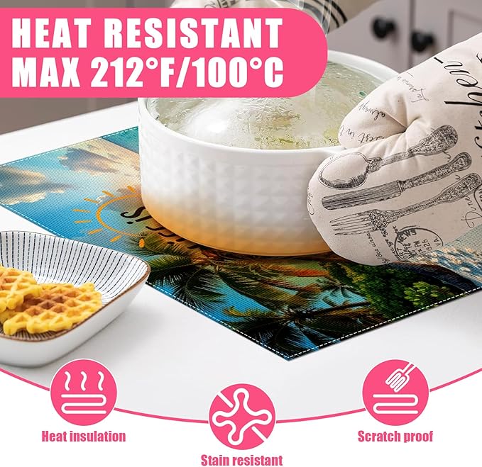 Sea Beach Palm Tree Placemats Set of 6,12x18 Inch Linen Place Mat Washable Stain Resistant Table Mats for Spring Summer Seasonal Farmhouse Kitchen Party Home Decor