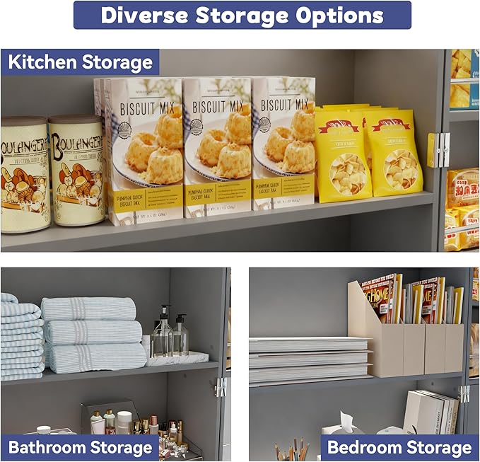 FJTJBSI 72" LED Kitchen Pantry Cabinet with 3 Drawers Farmhouse Tall Storage Cabinet Wood Food Pantry with Barn Doors and Adjustable Shelves Versatile Storage Freestanding Cupboard for Kitchen