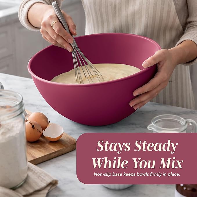 COOK WITH COLOR Mixing Bowls with Lids - 12 Piece Plastic Nesting Bowls Set includes 6 Prep Bowls and 6 Lids, Microwave Safe Mixing Bowl Set, Rose TPR Lid