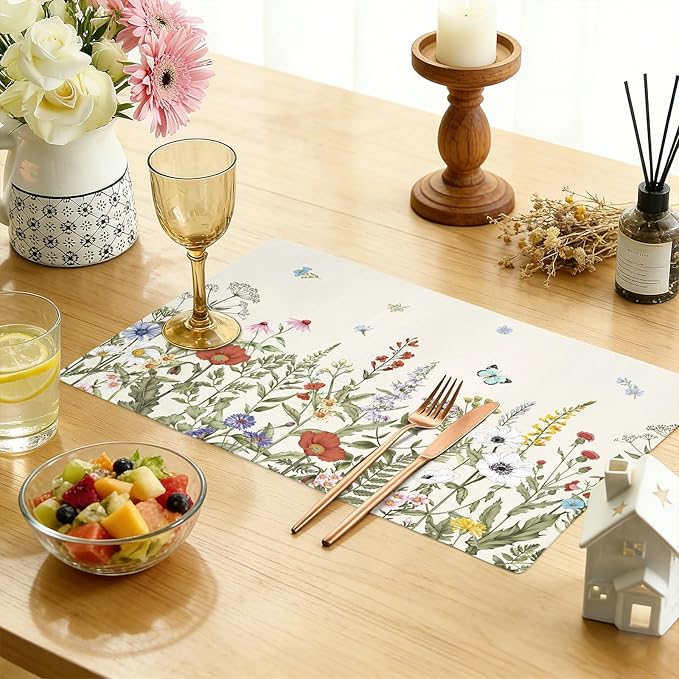 comfoyar Spring Wildflower Placemats Set of 4, 12x18 Inch Non-Slip Linen Antique Herbs and Wild Flowers Place Mats, Washable Absorbent Table Mats for Kitchen Dining Party Table Decoration