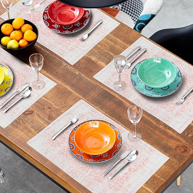 aportt Gray Pink Boho Placemats Set of 4 Ethnic Bohemian Carpet Place Mats Washable Kitchen Dining Vintage Grey Geography Floral Linen Table Mats Stain Heat-Resistant for Home Party Indoor 12x18 in