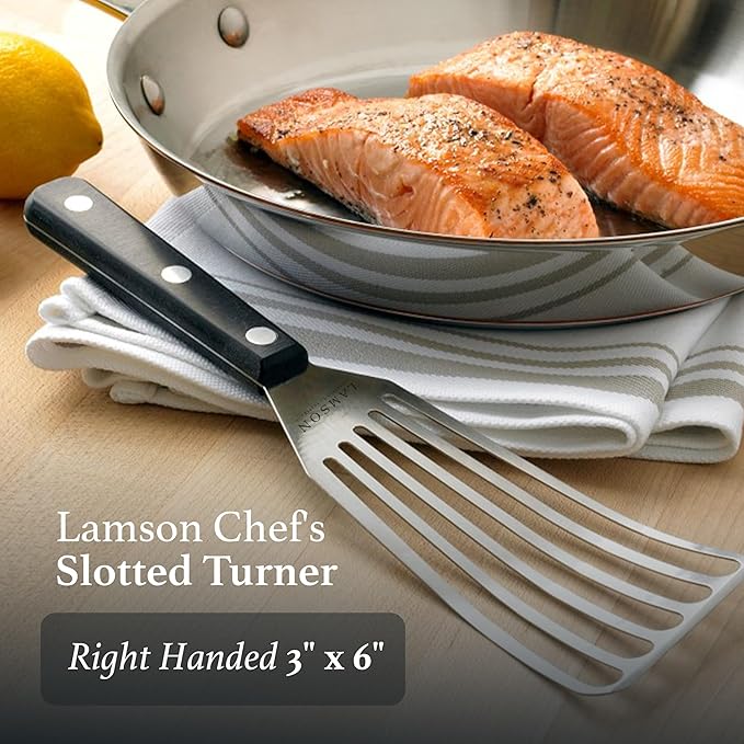 Lamson Metal Spatula Slotted Turner - 3' x 6" Stainless Flipper with Ultra Durable Handle, Right-Hand - Chef's Frying Fish Turner, Metal Grilling Spatula