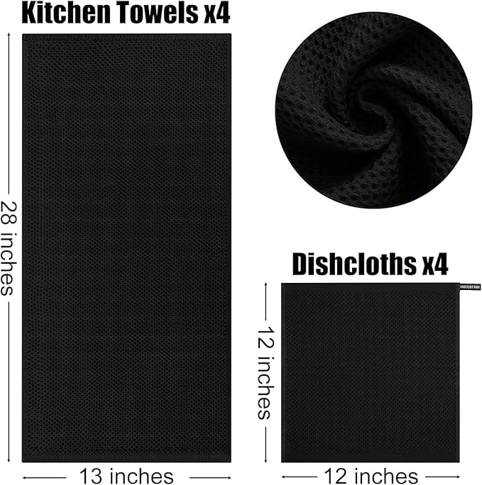 Kitinjoy 100% Cotton Kitchen Towels and Dishcloths Set, 12 Pack-13" x 28" and 12" x 12" Waffle Weave Dish Towels, Ultra Soft Absorbent Quick Drying Dish Rags, Black