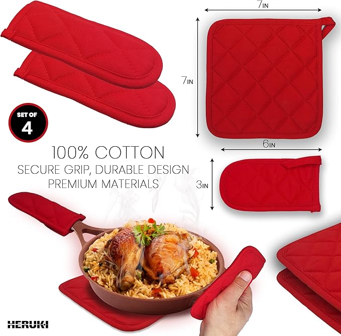 Handle Holders and PotHolders Set, Heat Resistant Quilted Kitchen Accessories, Red, 4-Piece