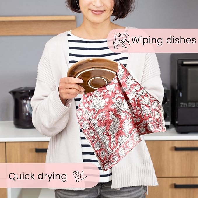 CPC Coral Pink Hand Block Print Waffle Kitchen Towel Set of 3-16 x 28 Inch Ultra Absorbent Quick Dry Cotton Dish Towels Lightweight Reusable Sustainable Tea Towels for Cleaning and Drying