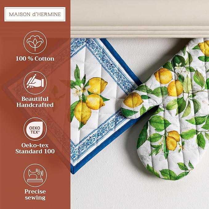 Maison d' Hermine 100% Cotton Oven Mitt & Pot Holder Set (7.5"x13" & 8"x8") Heat Resistant BBQ Cooking Gloves with Loop Baking Grilling Kitchen Gifts for Mothers Day Spring/Summer (Cedrat)