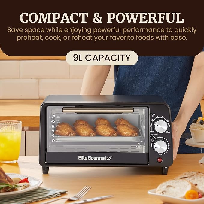 Elite Gourmet ETO449X 9L / 4-Slice Countertop Toaster Oven, Compact Design, 30-Min Timer, Adjustable Temp up to 450°F, 800W Quartz Heating, Drop-Down Crumb Tray, Bake, Broil, Toast, Black