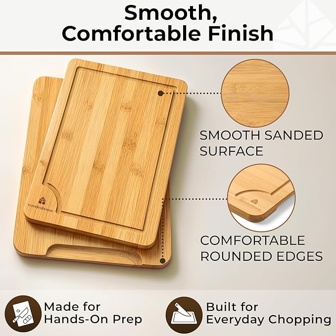 Set of 3 Bamboo Cutting Boards for Kitchen - Thick & Durable Wood Cutting Boards Set with Deep Juice Grooves & Build-in Handles, Large Surface, Easy to Clean – for Meat, Vegetables and Fruits