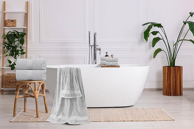 Oakias Premium Towel Set 600 GSM 8 Piece Silver - 100% Ring Spun Cotton Highly Absorbent Towels Set - Super Soft Bathroom Towel Set - Hotel Quality Double Stitched Hem - Ideal for Hotels, Spa, Gym