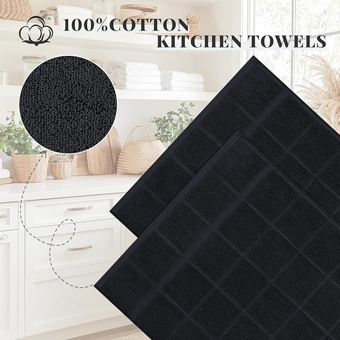 Homaxy Premium Kitchen Towels 18"x28", 8 Pack Large Cotton 380 GSM Dish Towels, Soft and Absorbent Kitchen Hand Towels with Terry Grid Design, Utility Tea Towel Set with Hanging Loop, Black