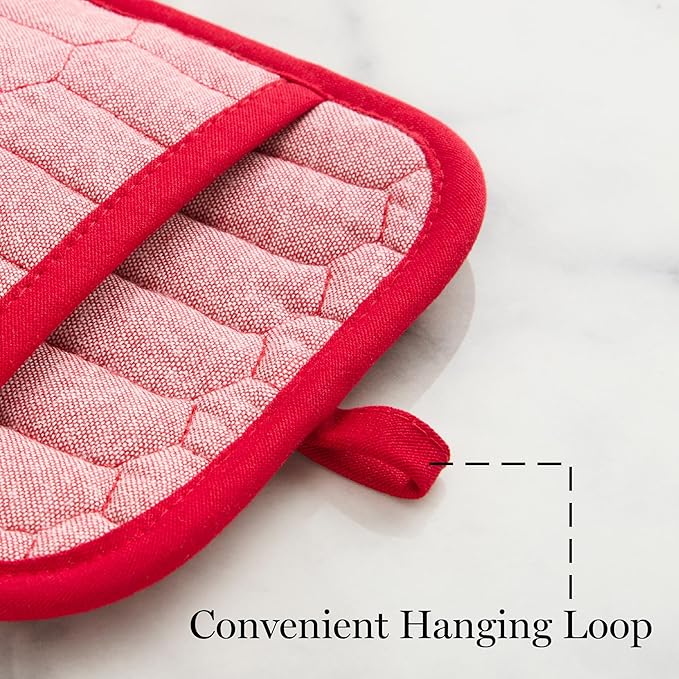 MARTHA STEWART Honeycomb Quilted Chambray Pot Holder 2-Pack Set, 100% Cotton, Flexible Non-Slip Silicone Grip, Heat Resistant, Red, 7"X10"