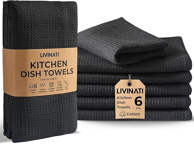 Highly Absorbent Cotton Dish Towels for Drying - Set of 6 Dark Gray Kitchen Towels - 18"X28" Lint Free Waffle Weave Cloth Linen Hand Bathroom Bulk Dishtowels