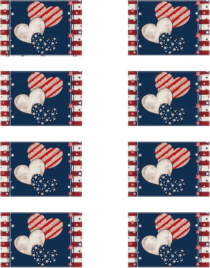Heart Stripe Stars 4th of July Placemats Set of 8 12x18 Inch Patriotic America Memorial Day Independence Day Table Decorations Cloth Table Mats