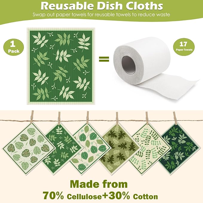 6 Packs Swedish Paper Cloths for Kitchen, Reusable Paper Towels Washable Dish Rags, Highly Absorbent Kitchen Towels Quick Drying Swedish Sponge Cleaning Dish Cloths(Green Plant Leaves)