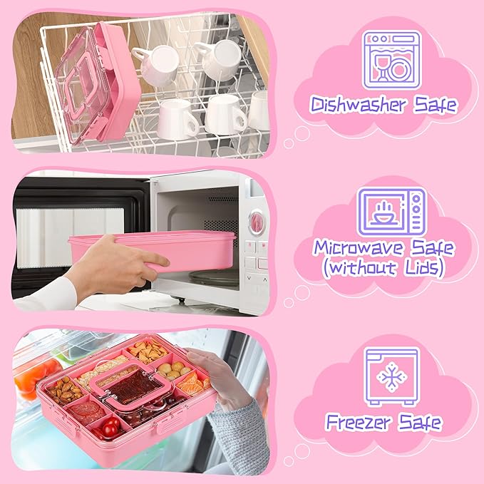 Xyptorix Snack Box Container for Kids - Adjustable 12-Compartment Snack Containers, Reusable Bento Box, Dishwasher Safe, BPA-Free, Perfect for School, Travel, Camping & Picnic, Pink, Large