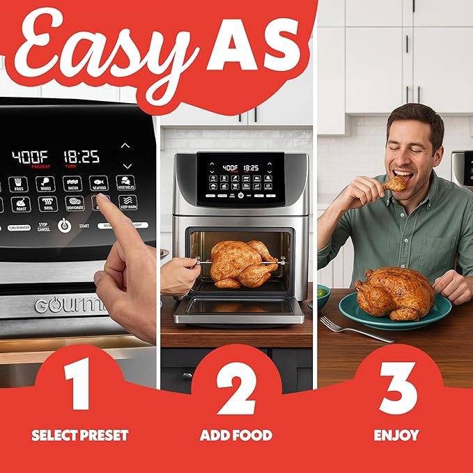 Gourmia Air Fryer - 14 Qt All-in-One Rotisserie Oven with Digital Display, 12 Presets, Roast, Bake, Broil, Dehydrate, Dishwasher Safe Accessories, Stainless Steel