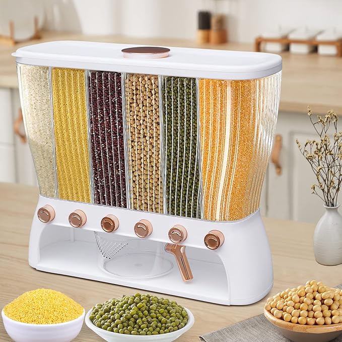 6 Grids Grain Dispenser Can, Cereal Rice & Grain Storage Container 6 Grid Beans Dispenser with Measuring Cup Wall mounted Dry Food Grain Dispenser for Grains Rice Dry Food Beans (White and Gold)