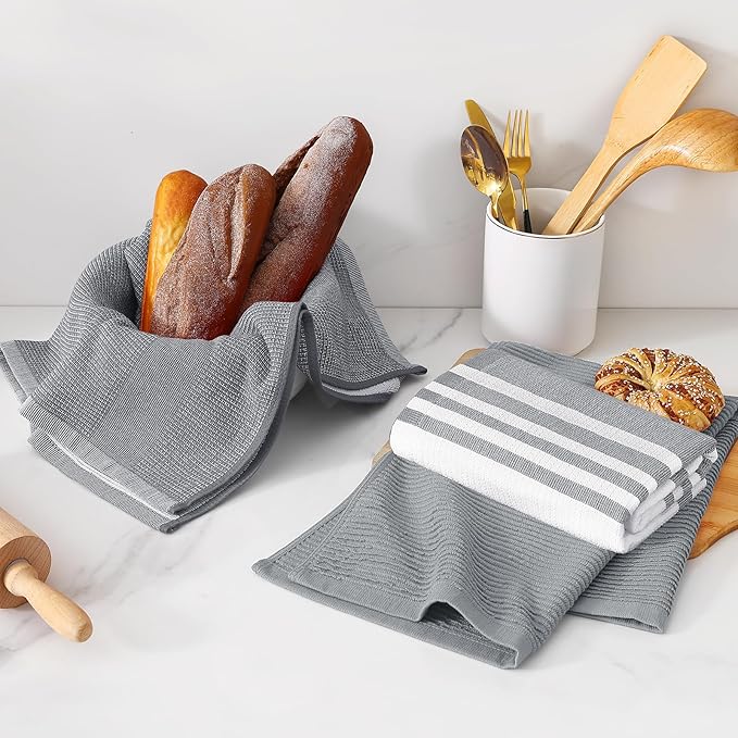 Homaxy Premium Kitchen Towels(18”x 28”, 3 Pack), Large Cotton 380 GSM Kitchen Hand Towels, Soft and Absorbent Terry Dish Towels, Multipurpose Tea Towel Set with Hanging Loop, Grey