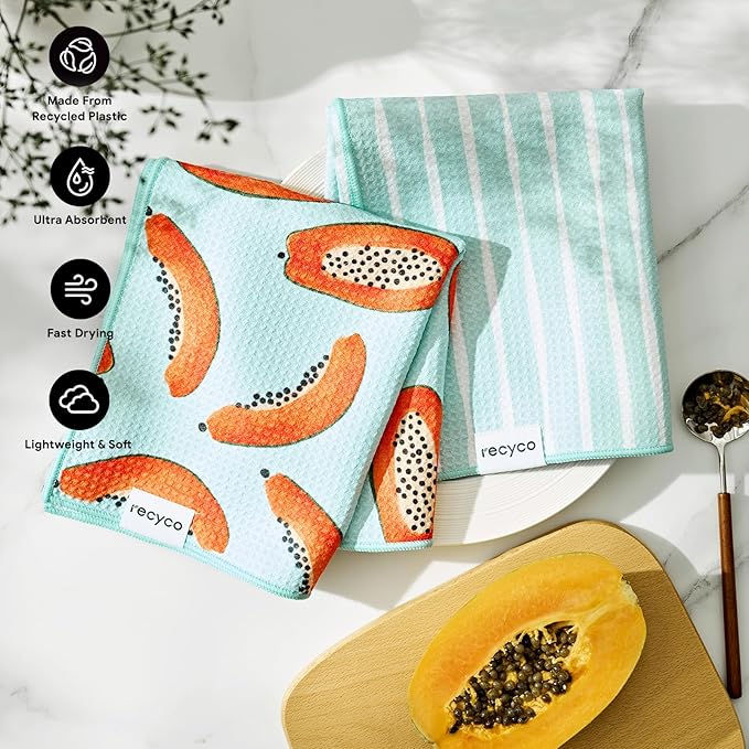 RECYCO Waffle Kitchen Towel Set of 2 - Quick Dry Microfiber Sustainable Dish Towels - Ultra Absorbent Reusable Cleaning Tea Towels - Lightweight Hand Towels,16”x 28”, Papaya Joy