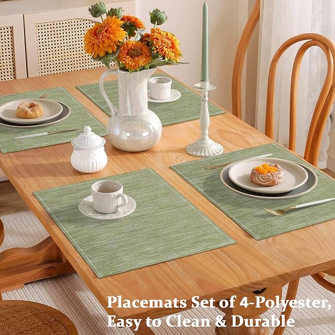 Bloss Green Placemats Set of 4-12x18 Inch WashableTable Place Mats, Fabric Spring Placemats for Kitchen Dining Table Decor, Easy to Clean Summer Placemats Cloth for Holiday Party Decoration