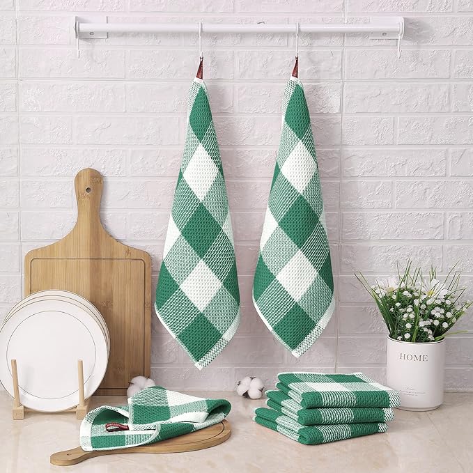 Mordimy 100% Cotton Waffle Weave Plaid Dish Cloths, 12 x 12 Inches, Super Soft and Absorbent Quick Drying Buffalo Check Dish Rags for Kitchen, 6-Pack, Dark Green & White